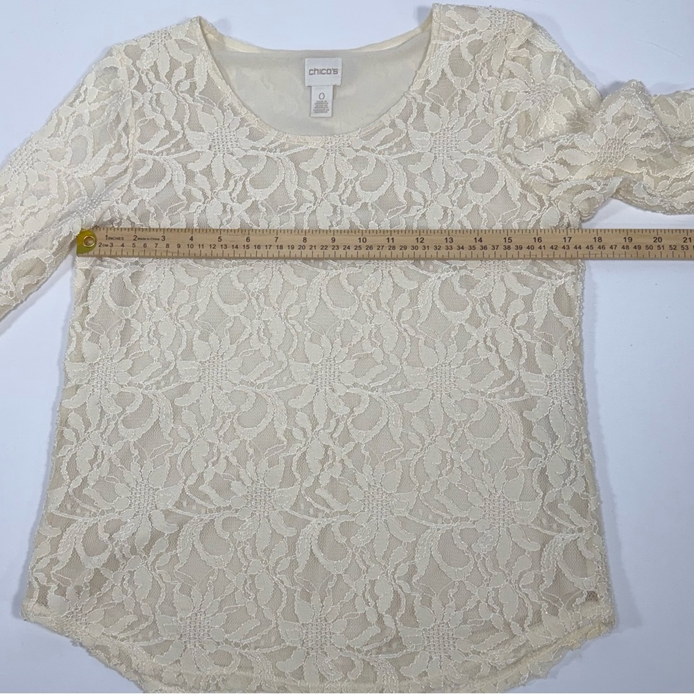 Chico's Cream Floral Lace Scoop Neck 3/4 Sleeve Lined Top Size 0 Small - Picture 4 of 10